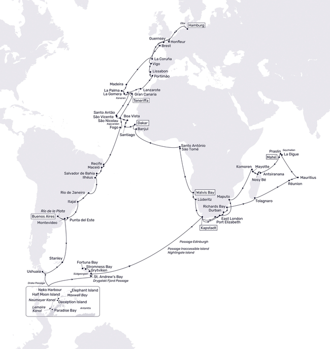 Routenkarte Die Reise Ihres Lebens! Entdecken Sie 4 Kontinente