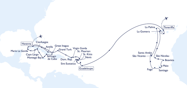 Routenkarte Cuba - Caribbean - Canary Islands - Cape Verde