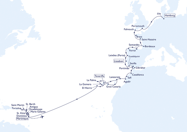 Routenkarte From Hamburg to the Caribbean