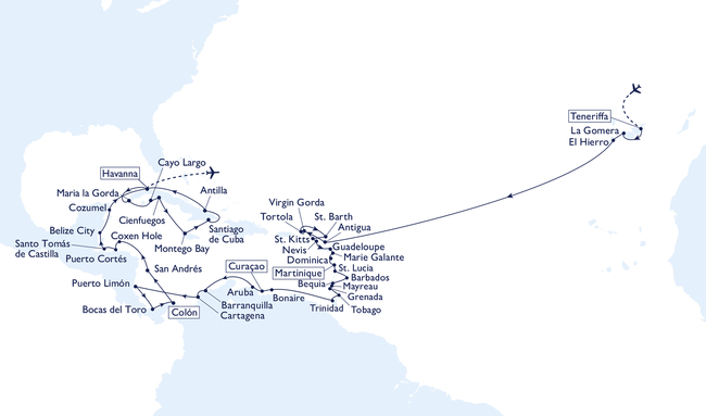 Routenkarte From the Canary Islands to the Caribbean and Cuba