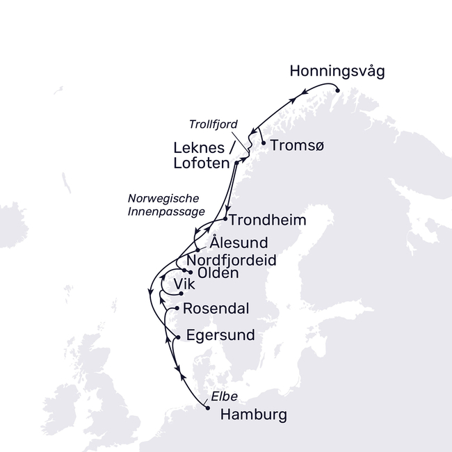 Routenkarte Norwegen mit Nordkap