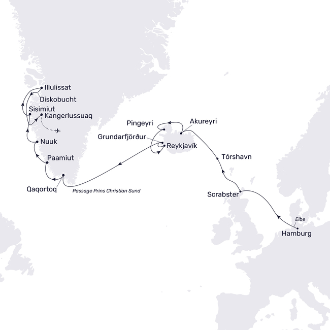 Routenkarte Von Hamburg über Island nach Grönland