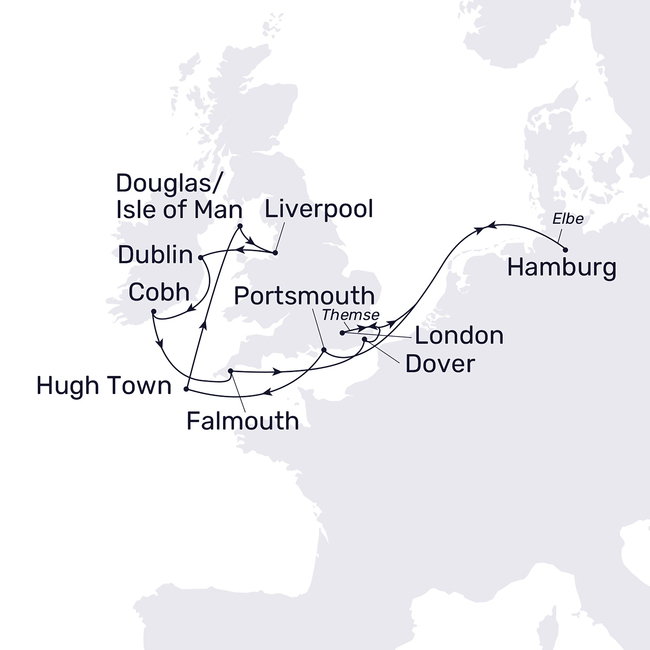 Routenkarte England und Irland mit Isle of Man