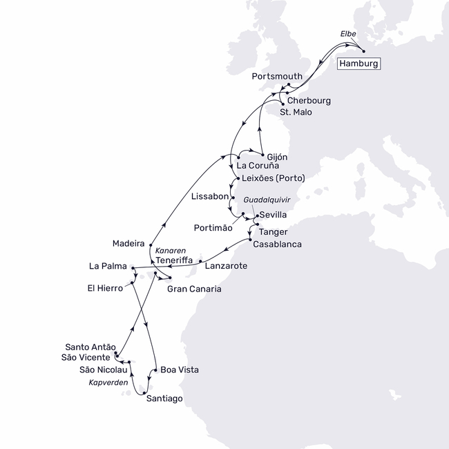 Routenkarte Von Hamburg zu den Kanaren & Kapverden und zurück nach Hamburg