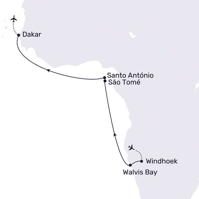 Routenkarte Erholung pur: von Namibia bis zum Senegal