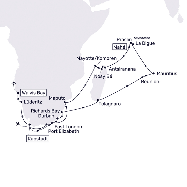 Routenkarte Inseln im Indischen Ozean mit Südafrika und Namibia