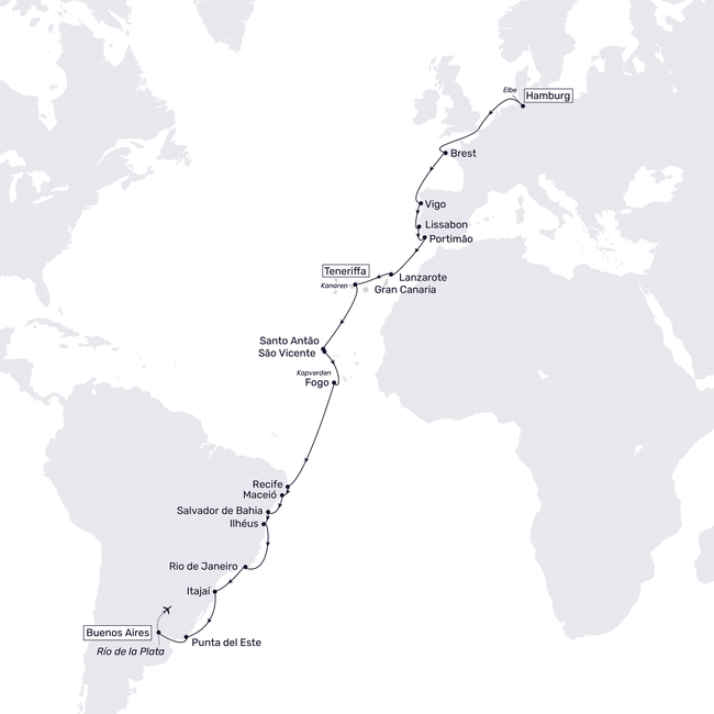 Routenkarte Hamburg – Kanaren –  Kapverden – Transatlantik –  Brasilien – Argentinien