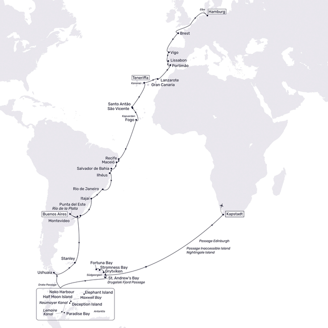 Routenkarte Von Hamburg in die Antarktis mit Südgeorgien und nach Südafrika