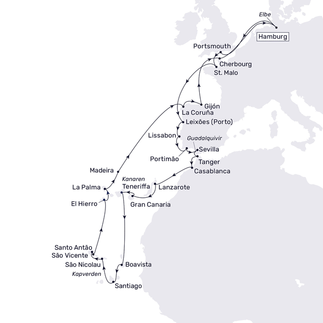 Routenkarte From Hamburg to the Canary Islands & Cape Verde and back to Hamburg