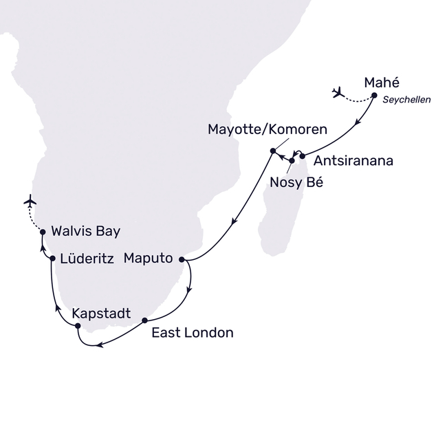 Routenkarte From the Seychelles to South Africa and Namibia