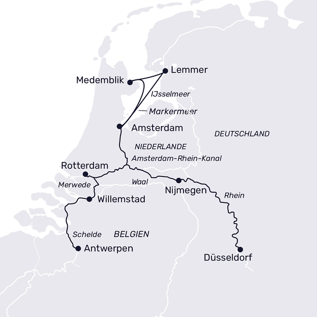 Routenkarte Holland und Flandern und das IJsselmeer