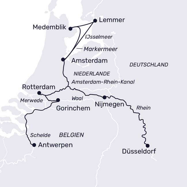 Routenkarte Holland und Flandern und das IJsselmeer