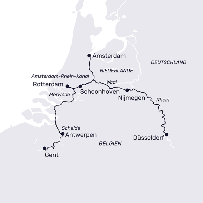 Routenkarte Holland und Belgien mit Gent