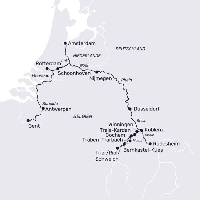 Routenkarte Unterwegs in Holland, Belgien und auf der Mosel