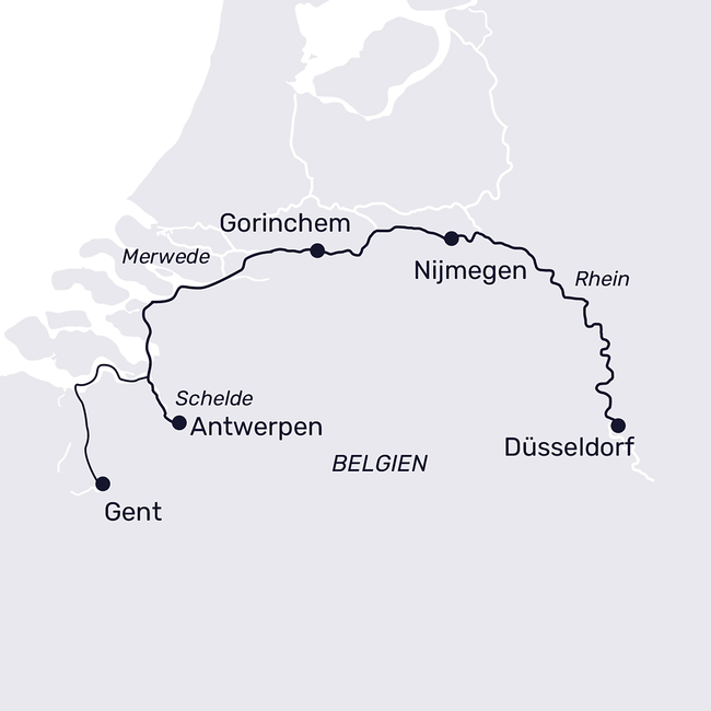 Routenkarte Large cities and small ports in Belgium and the Netherlands