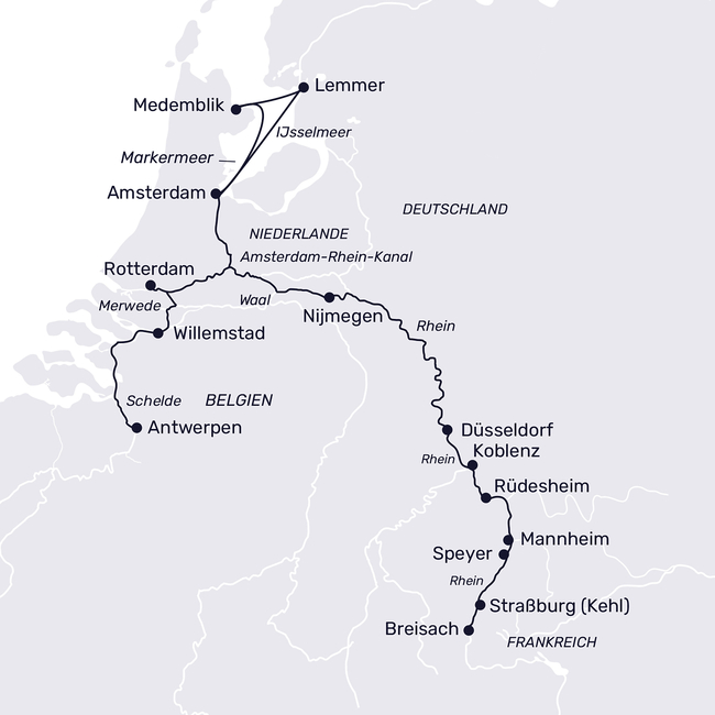 Routenkarte Dream trio: Holland, Flanders, Germany