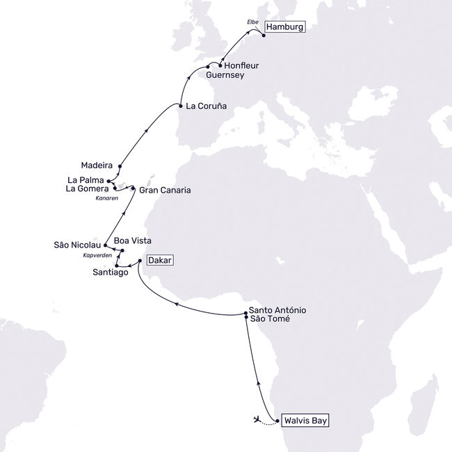 Routenkarte Namibia – São Tomé and Príncipe – Cape Verde – Hamburg