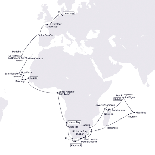 Routenkarte From South Africa to Hamburg via the most beautiful islands in the Indian Ocean