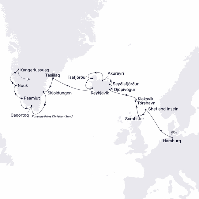 Routenkarte Sonnenfinsternis in Grönland